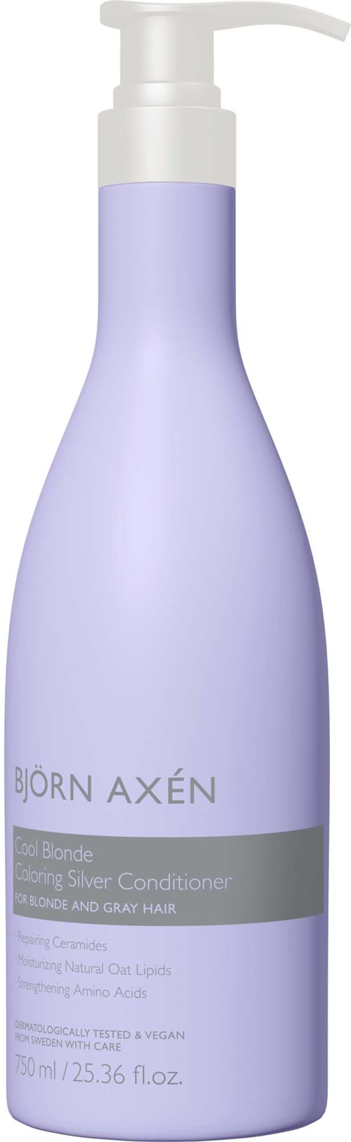 Een lange lichtpaarse fles met witte pomp, gelabeld Björn Axén Silver Conditioner voor blond en grijs haar.
