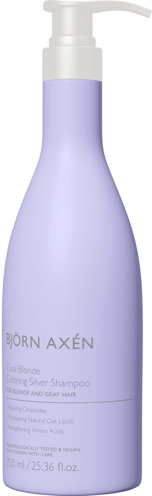 Een lange, lichtpaarse shampoofles met pomp. Het label geeft aan dat het geschikt is voor blond, zilver of grijs haar.