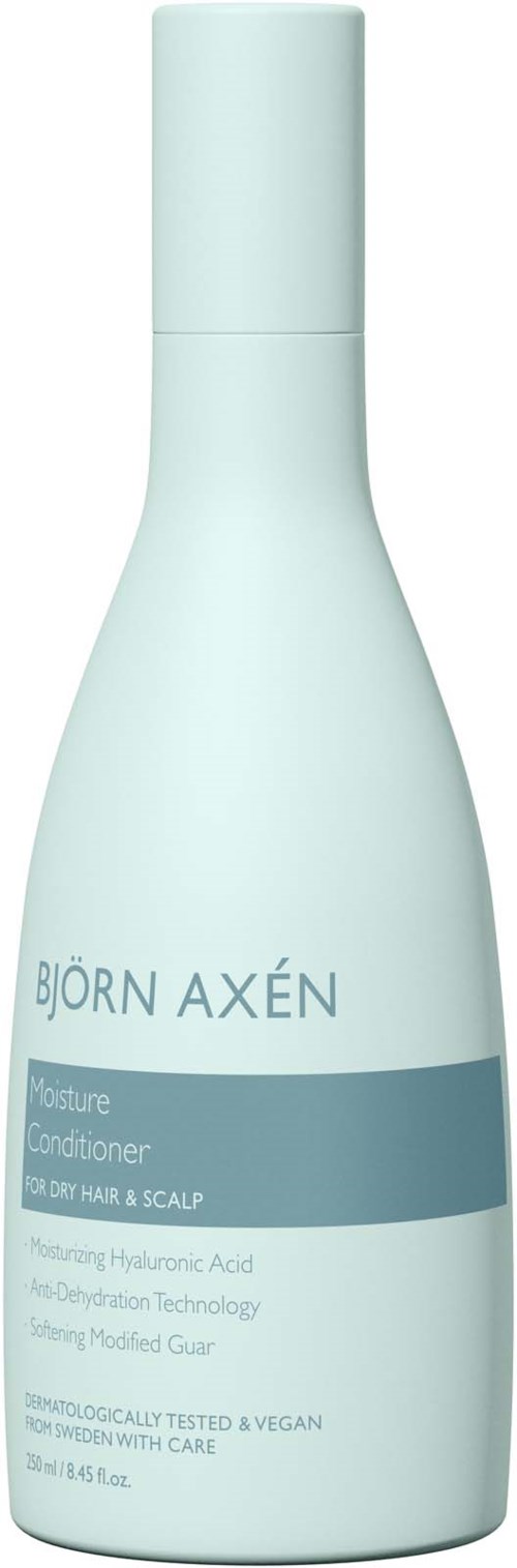 Eine blassblaue Flasche mit Pumpe, gekennzeichnet Björn Axén, für Haar- und Kopfhautpflege.