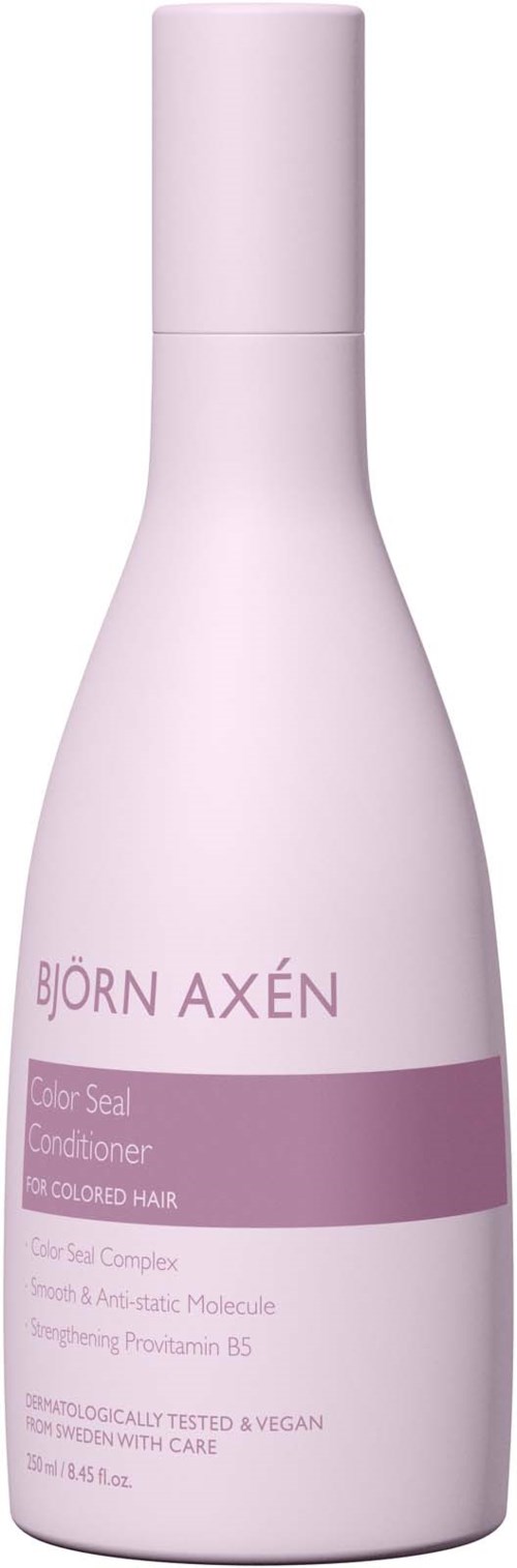 Een roze fles met Björn Axén voor kleurbeveiliger conditioner voor gekleurd haar, met informatie over ingrediënten en voordelen.