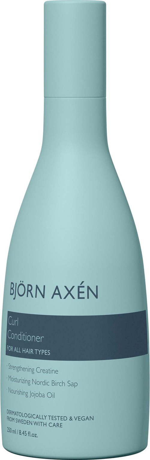 Lichtblauwe fles met Björn Axén conditioner voor alle haar types, met kalmerende ingrediënten en veganistisch, milieuvriendelijk formulering.
