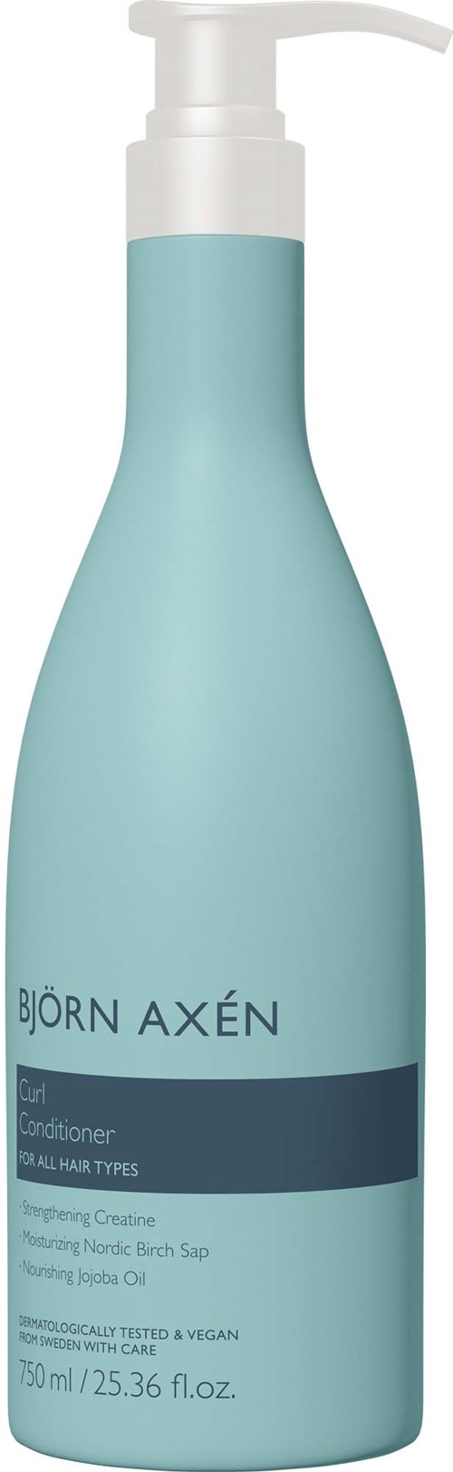 Een lichtblauwe fles met een wit pompje, met label Björn Axén conditioner voor alle haartypes.