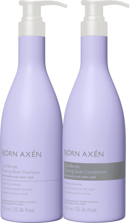 Twee lavendelkleurige flessen met witte pompjes, gelabeld als zilveren shampoo en conditioner, naast elkaar.