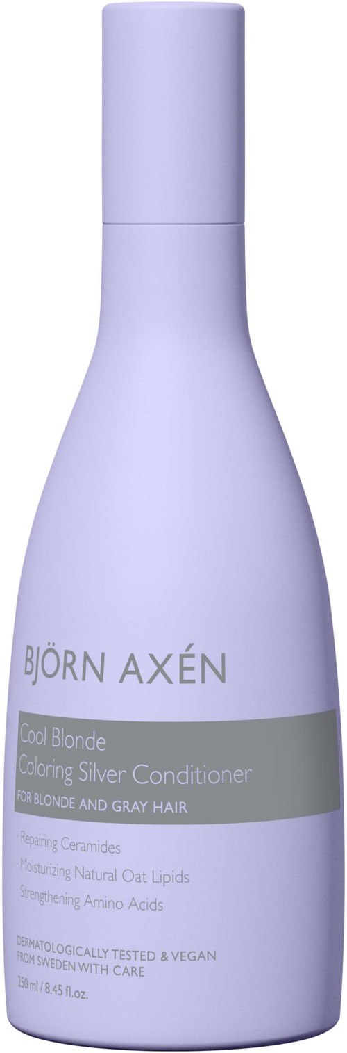 Een lichtpaarse fles met 'Björn Axén' voor blond en grijs haar, bevat een voedende conditioner.