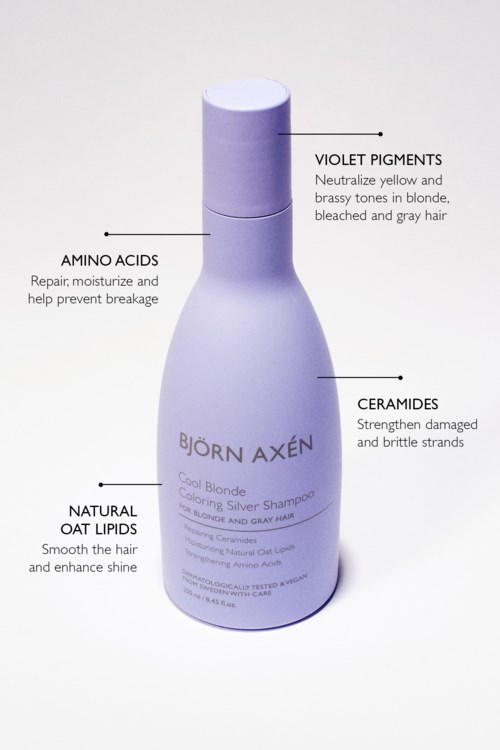 Een shampoefles van Björn Axén, met ingrediënten voor haarherstel, kleur en kracht, met voordelen opgesomd.