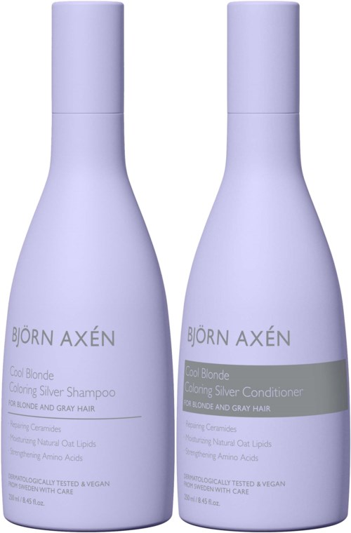 Twee paarse flessen voor blond en grijs haar, een voor shampoo en een voor conditioner.
