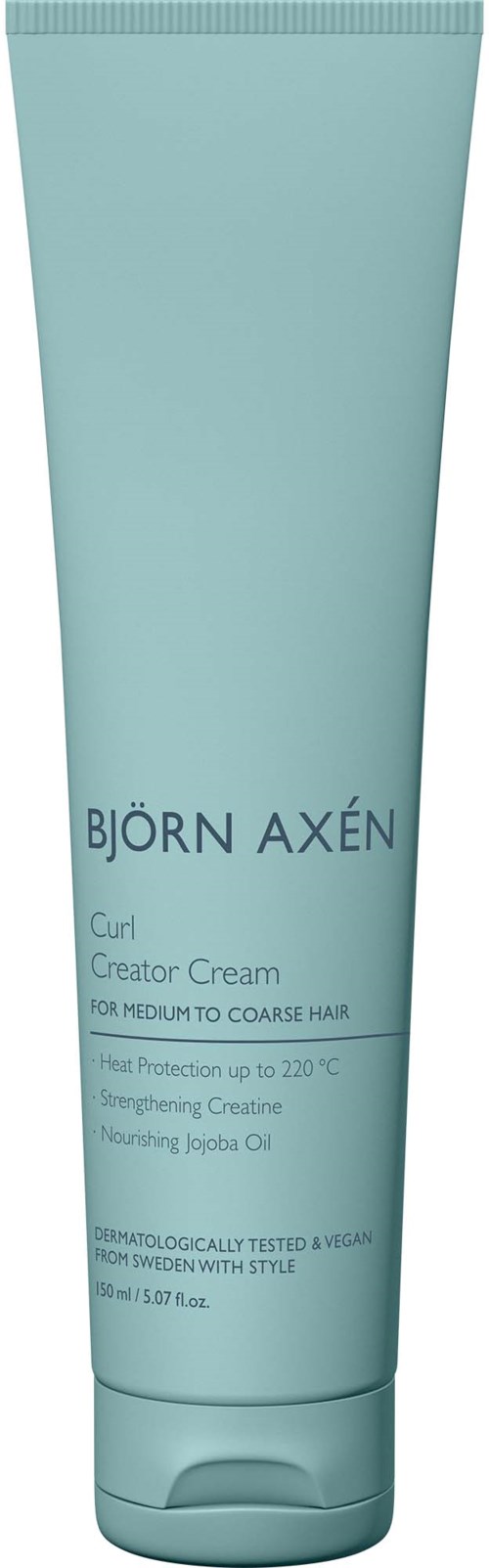 Eine hellblaue Tube mit Björn Axén Curl Creator Cream für mittleres bis grobes Haar. Enthält nährendes Jojobaöl.