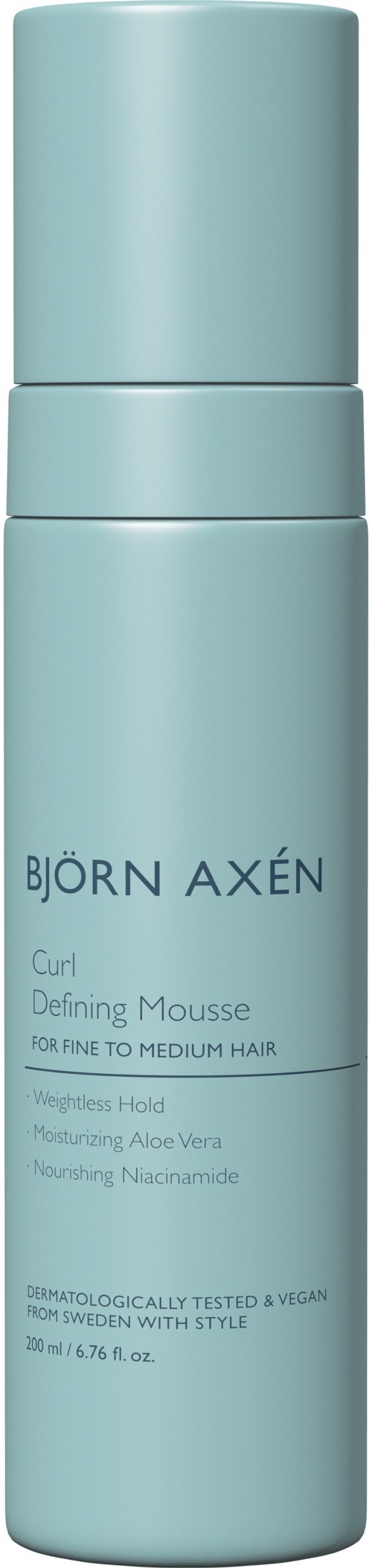 A light blue bottle with a cap, labeled Bjorn Axen, indicates it is a hair mousse product.