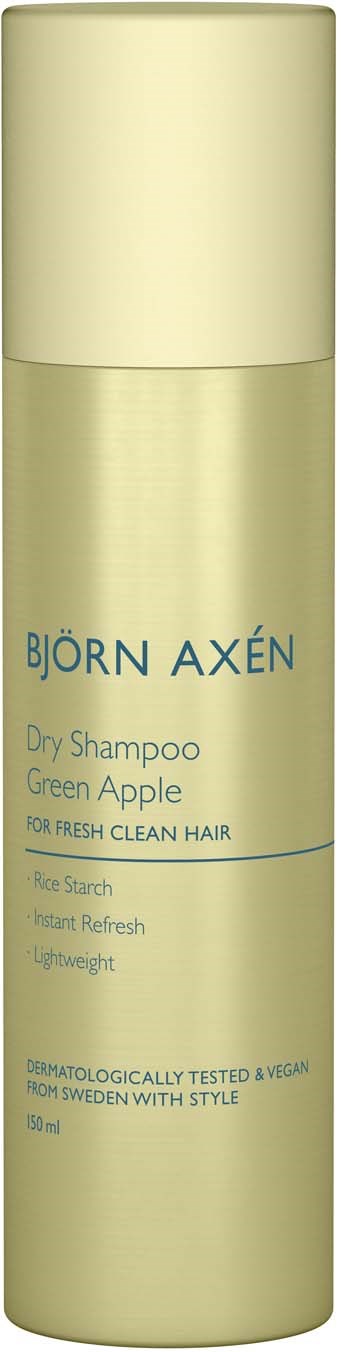 Een lichtgroene flacon droge shampoo met blauwe tekst, genaamd Björn Axén, voor schoon haar en verfrissende geur.