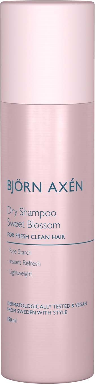 Een roze flesje Björn Axén Droogshampoo met Sweet Blossom geur voor schone haar. Bevat 150 ml.