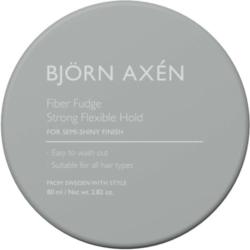 Runde, graue Etikett mit weißen Text, bewirbt Björn Axén Haarfiber Fudge, flexible Haltbarkeit, leicht auszuwaschen, geeignet für alle Haartypen.