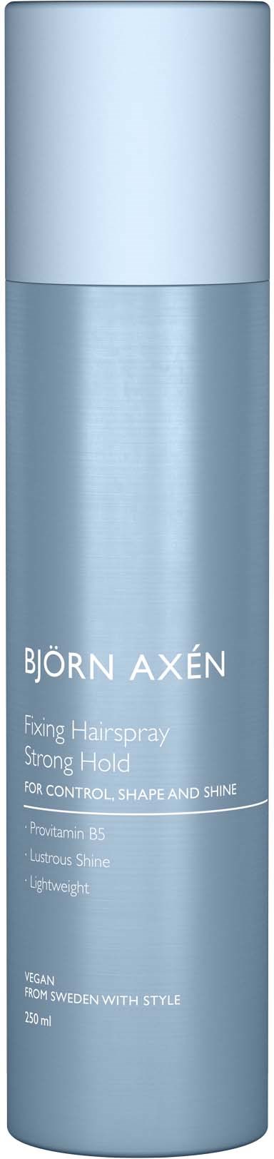 A tall, light blue spray can with white cap, labeled Björn Axén, for strong hold hair spray.