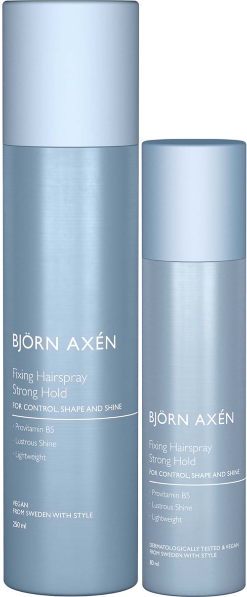 Zwei blaue Haarsprühflaschen, eine groß und eine klein, mit Björn Axén, für Kontrolle, Styling und Glanz.