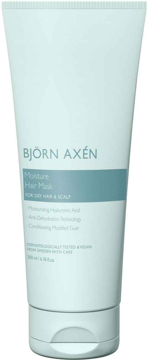 Hellblaue Tube von Björn Axén Moisture Hair Mask für trockenes Haar und Kopfhaut mit Hyaluronsäure.