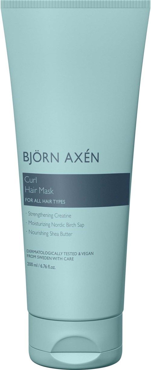 Lichtblauwe tube met Björn Axén Curl Hair Mask met tekst en donkerblauwe streep.