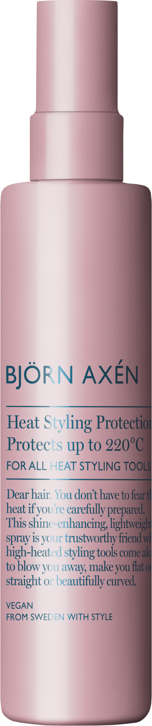 En rosa flaska med Björn Axén värmeskyddspray med lock, avsedd att skydda håret från hög värme.