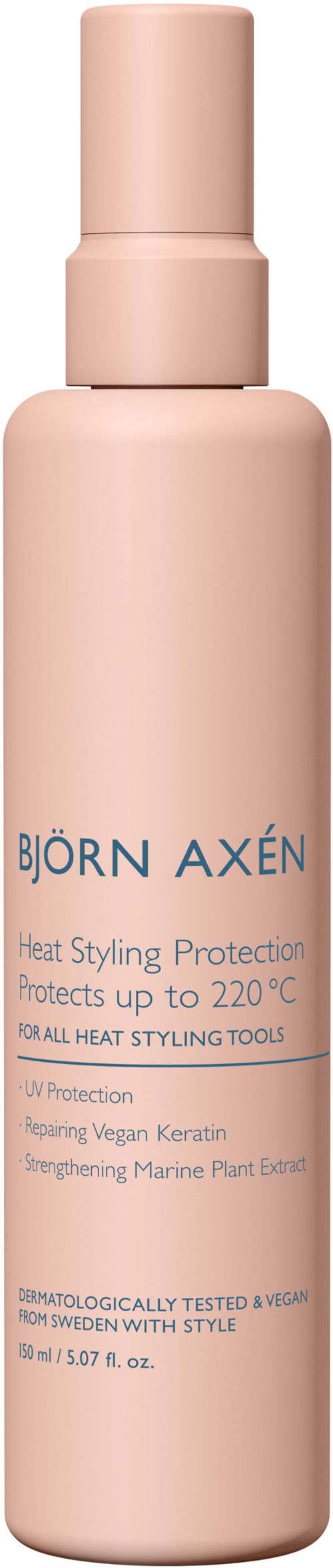A pink spray bottle labeled Björn Axén, heat protection up to 220°C, for heat styling. Vegan and dermatologically tested.