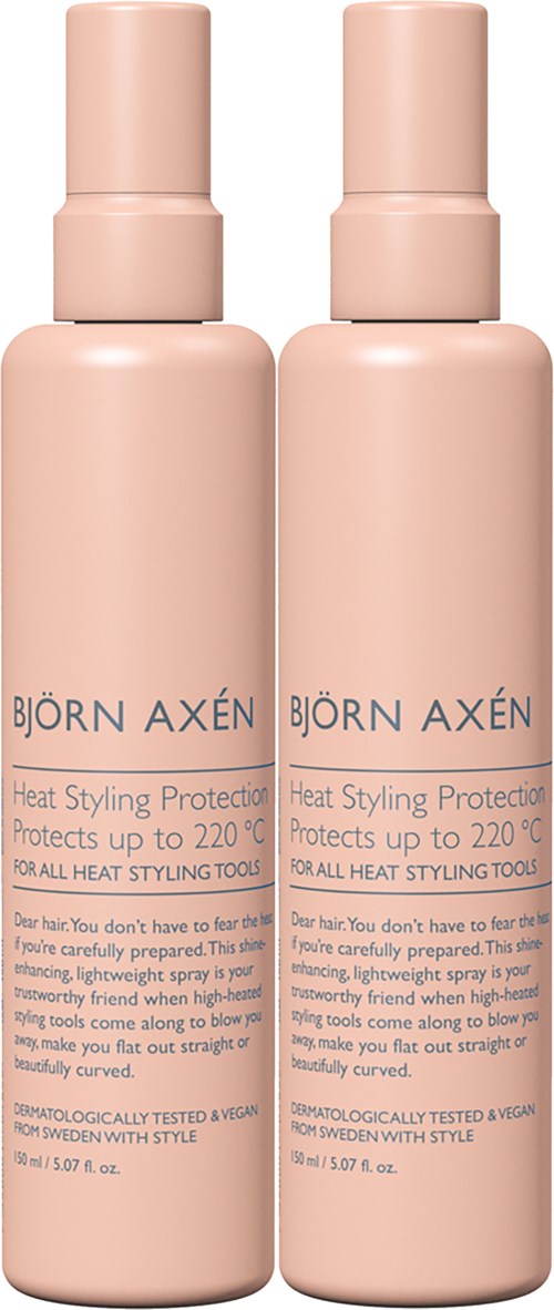 Two pink bottles labeled Björn Axén for heat styling protection up to 220°C.