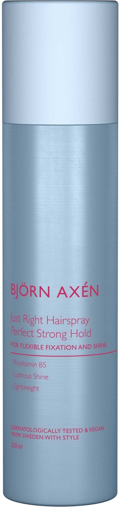 Een zilveren sprayfles met roze tekst wordt getoond, gelabeld als Björn Axén haarspray voor sterke hold en stijl.