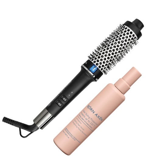 Ein Stylinggerät mit Heißbürste und eine Flasche BORN AXEN Haarpflege. Beide sind für die Haarpflege.