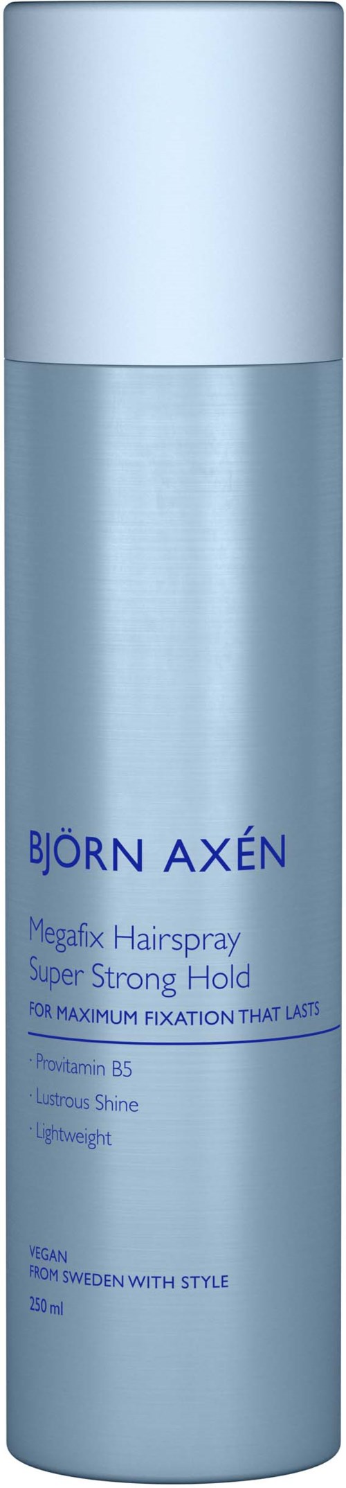Eine lange blaue Flasche mit dem Etikett Björn Axén, ein Haarspray für starken Halt, mit einem hellblauen Deckel.