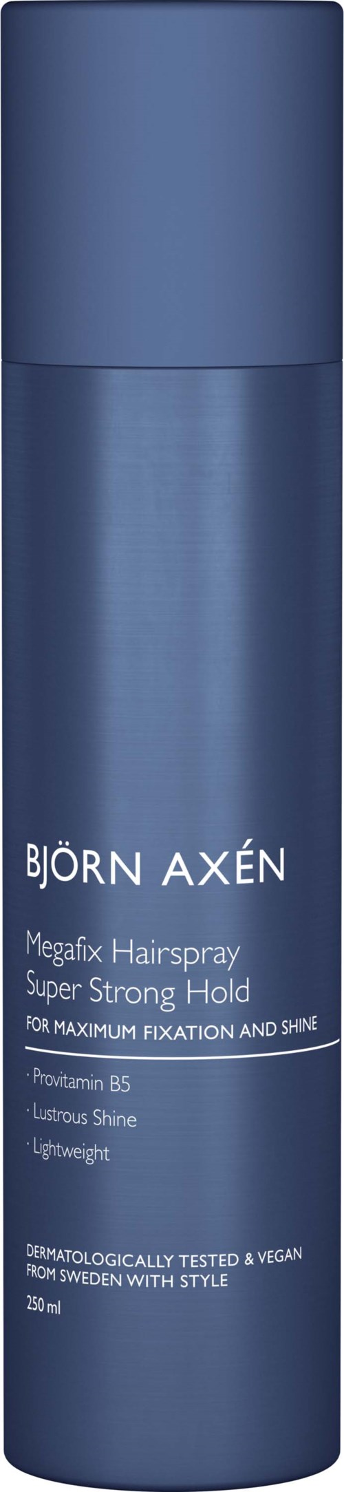 Blå cylindrisk flaska med Björn Axén Megafix Hairspray och etikett som visar produktnamn och detaljer.