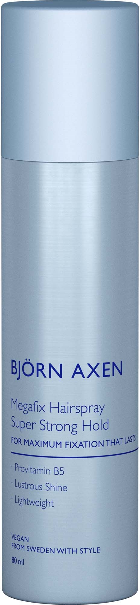 Een lange, lichtblauwe spuitbus met blauwe tekst, genaamd Björn Axen Megafix Hairspray, lichtgewicht en sterk.