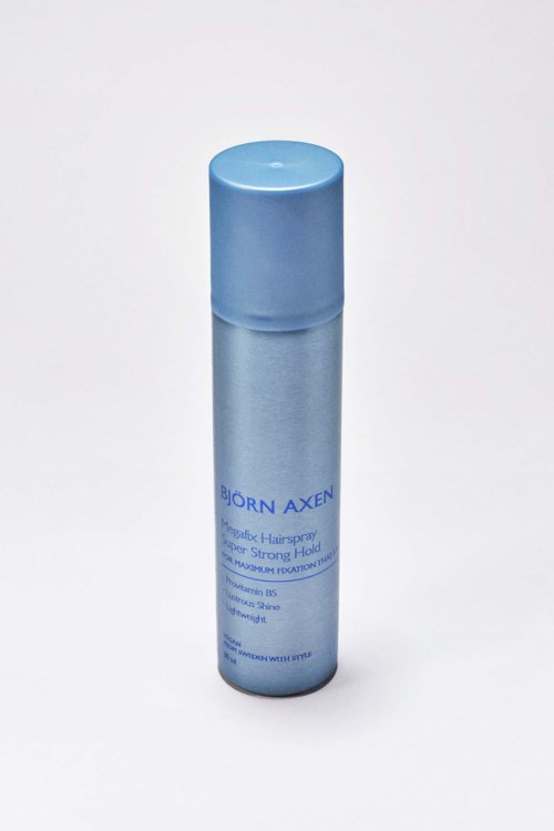Een zilveren en blauwe sprayfles met Horn Axen voor haarstyling en sterke fixatie.