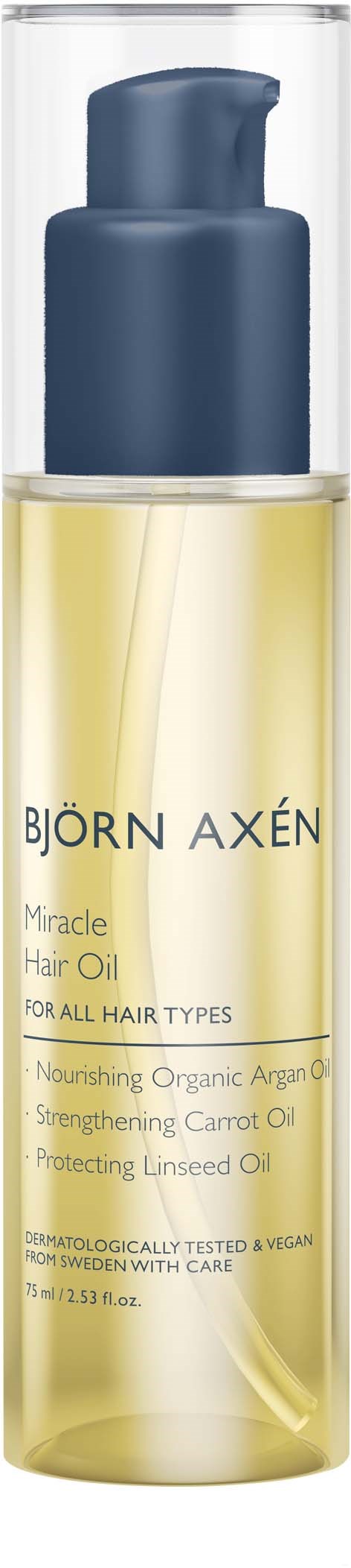 Een doorzichtige fles met gele haarolie en een blauwe pomp, gemarkeerd Björn Axén Miracle Hair Oil.