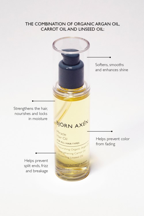 Een klein glazen flesje met pipet, bevat haarolie, gelabeld 'BJORN AXEN'. Het benadrukt voordelen zoals verzachten, versterken en voorkomen van schade.