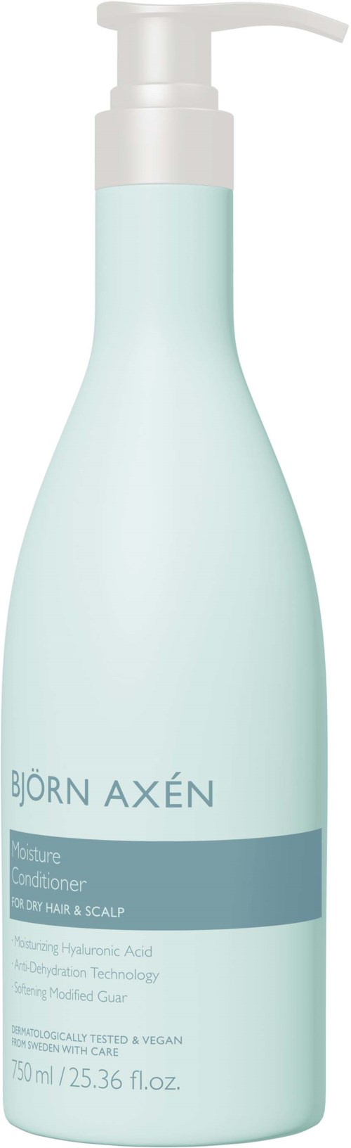 Een lichtblauwe fles met pomp, gelabeld 'BJORN AXEN' en 'Scalp & Hair.', lijkt een haarverzorgingsproduct.