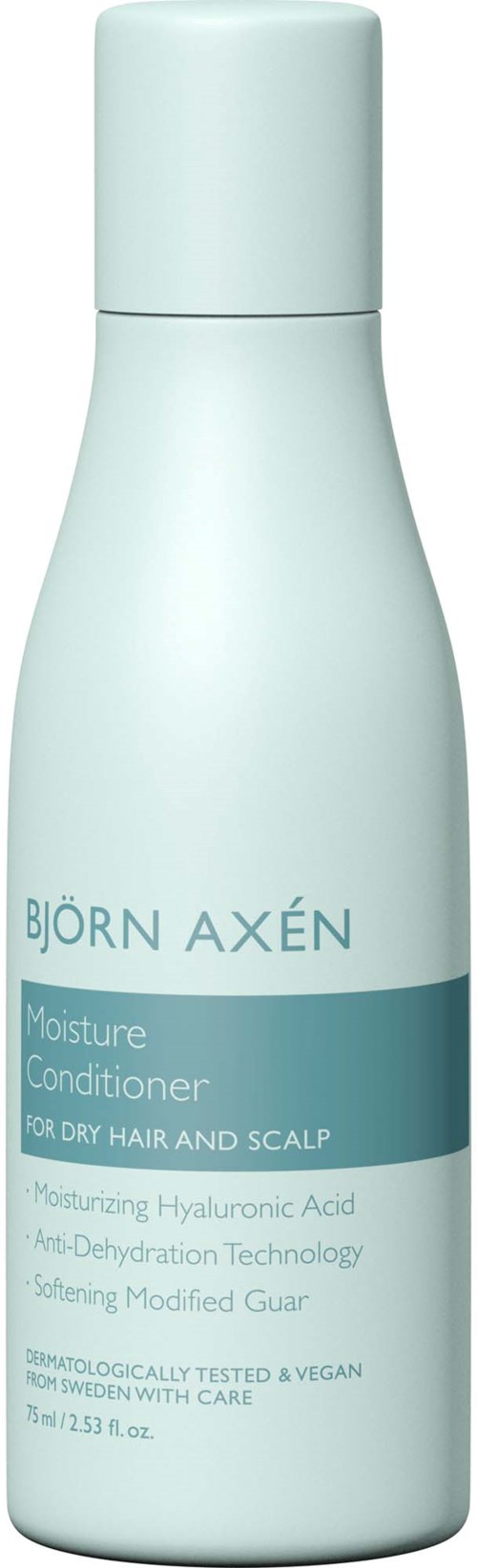 Een lichtblauwe fles met het label Björn Axén Moisture Conditioner voor droog haar en hoofdhuid, met ingrediënten en voordelen.