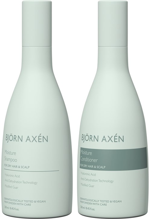 Zwei Flaschen Björn Axén Haarpflegeprodukte, eine für Shampoo und eine für Conditioner, mit weißem und grauem Design.