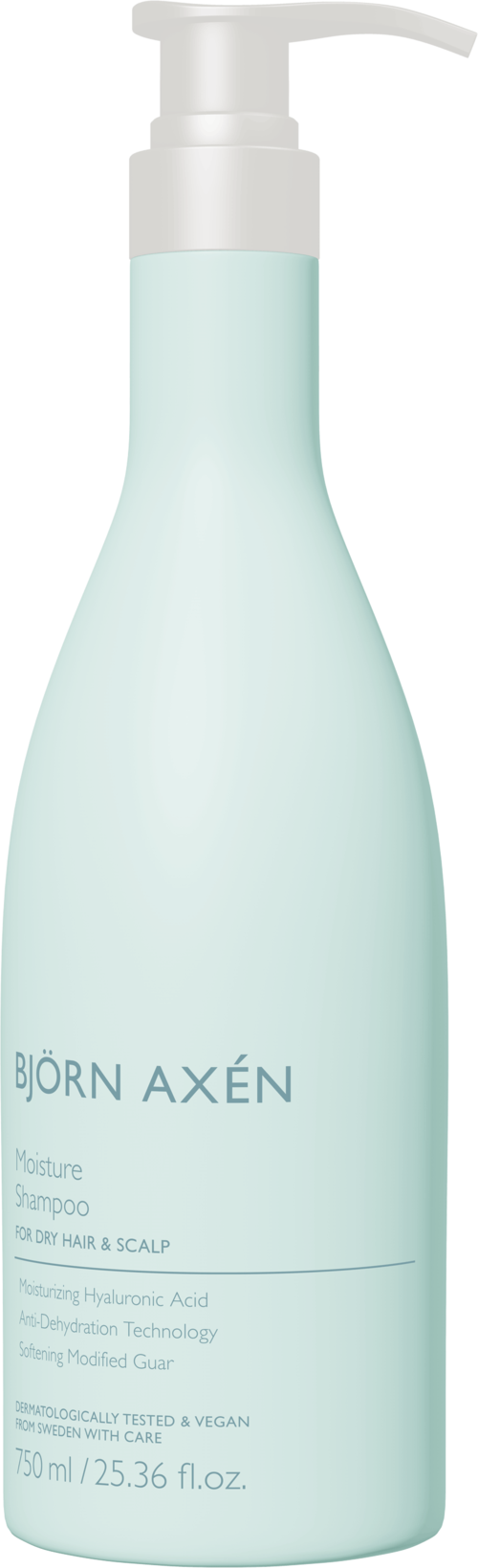 Een lichtblauwe fles met witte pomp, met label 'BJÖRN AXÉN Moisture Shampoo' voor haarverzorging.