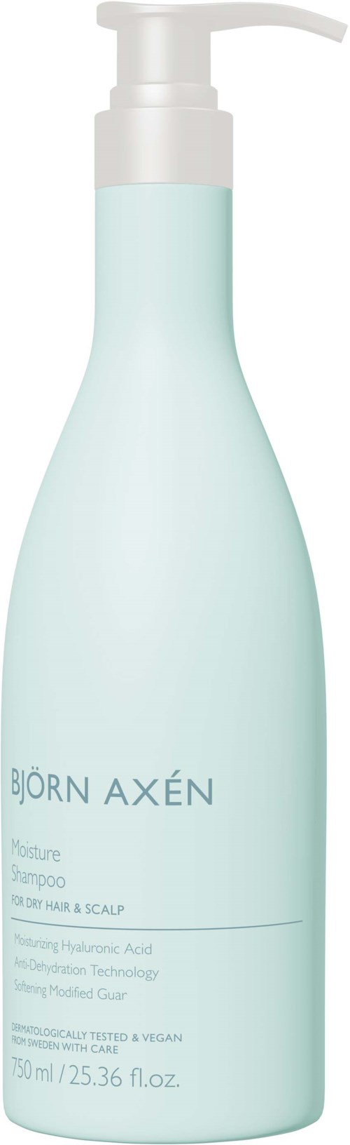 Een lichtblauwe fles met pomp, gemerkt Bjorn Axen, waarschijnlijk haarverzorgingsproduct zoals shampoo of conditioner.