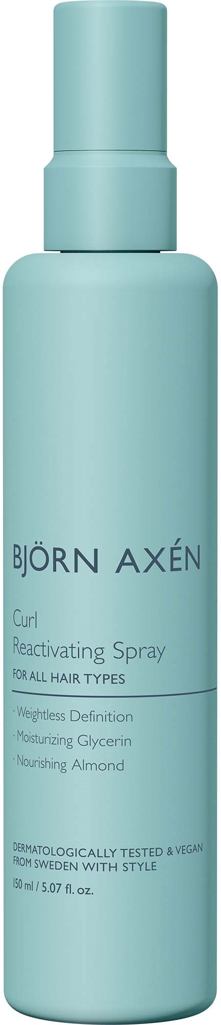 Hellblaue Sprühflasche mit der Aufschrift 'BJÖRN AXÉN Curl Reactivating Spray' für alle Haartypen mit pflegenden Inhaltsstoffen.