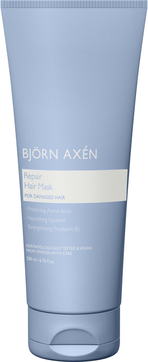 A light blue tube labeled Björn Axén Repair Hair Mask for damaged hair, 150 ml.