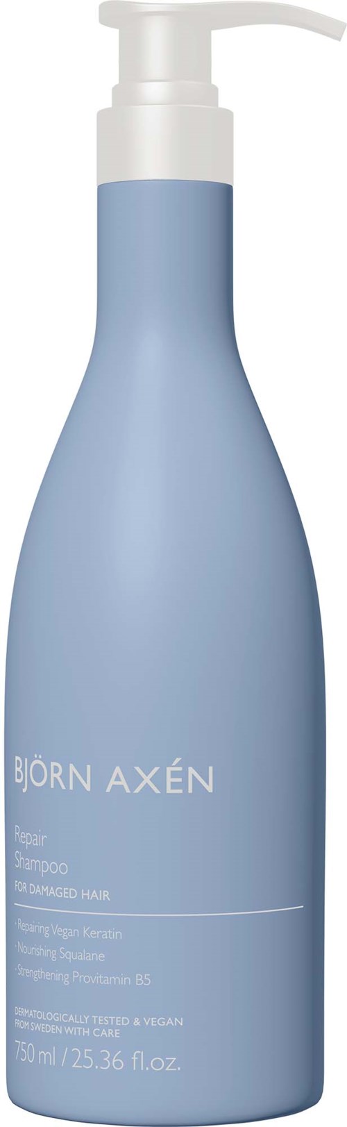Een lichtblauwe lange fles met witte pomp, gemarkeerd 'BJORN AXÉN' voor haarshampoo.