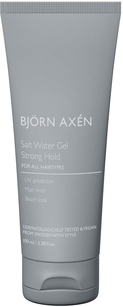 Eine graue Tube Björn Axén Salt Water Gel mit starkem Halt für alle Haartypen, mit UV-Schutz und Strandlook.