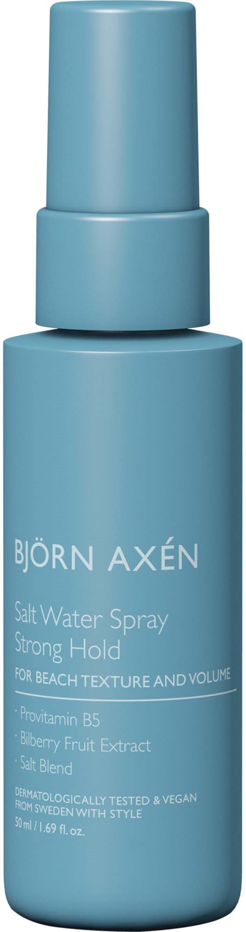 Blauwe spuitsysteem met de tekst "BJÖRN AXÉN Salt Water Spray" voor haarstyling. Eenvoudig en strak ontwerp.