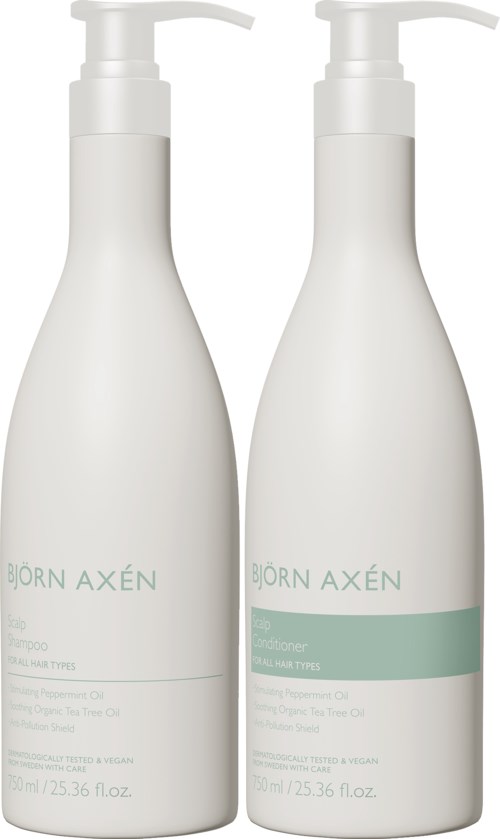 Twee witte flessen met pomp, gelabeld 'BJÖRN AXÉN,' waarschijnlijk shampoo en conditioner. Eenvoudig ontwerp met pastelgroene streep.