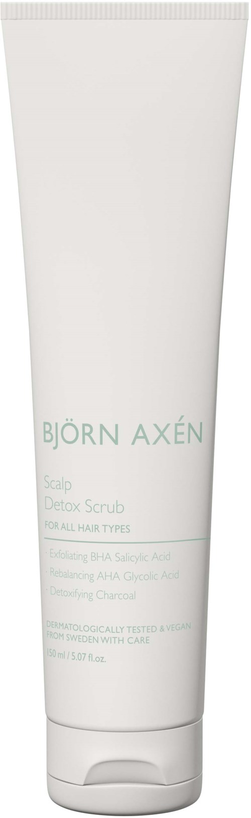 En vit tub med Bjorn Axén hårbottenpeeling för alla hårtyper med exfolierande ingredienser och flip-lock.