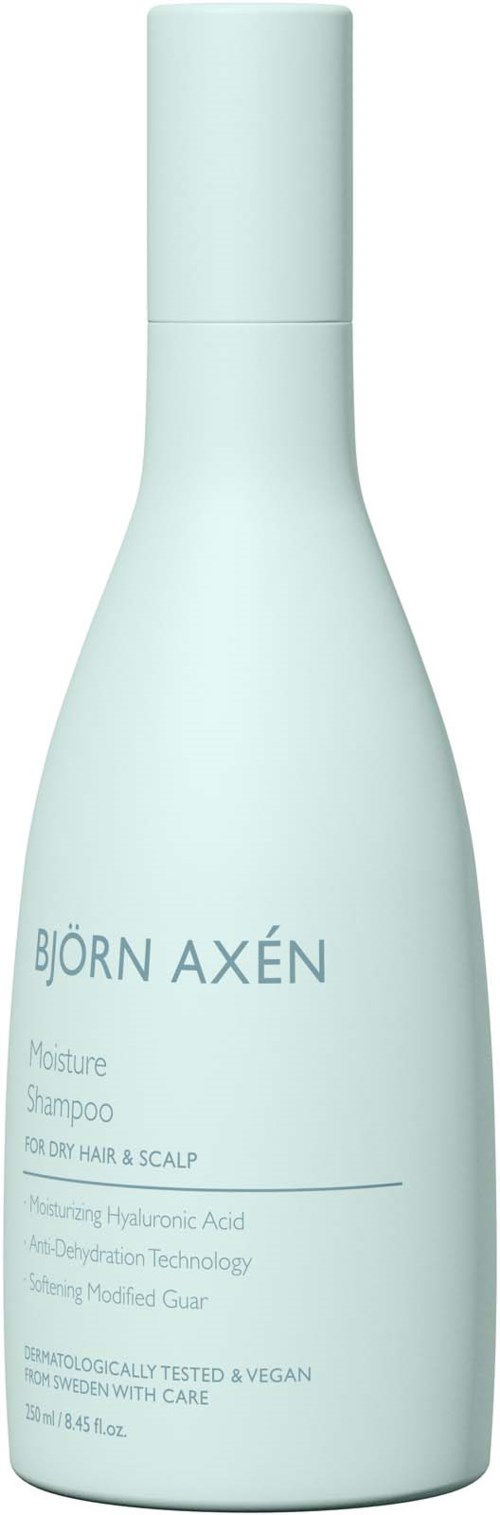 Eine hellblaue Shampoo-Flasche für trockenes Haar und Kopfhaut, mit Text über Inhaltsstoffe und Pflegevorteile.