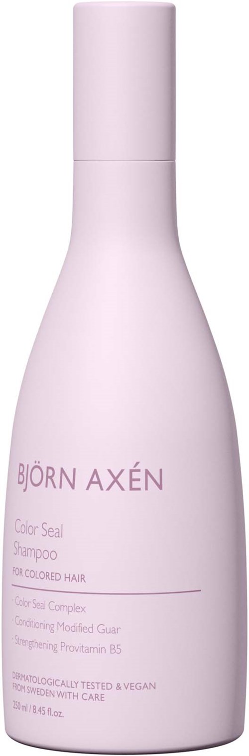 Een roze flesje met Björn Axén, voor gekleurd haar shampoo, getest en veganistisch, met dop.