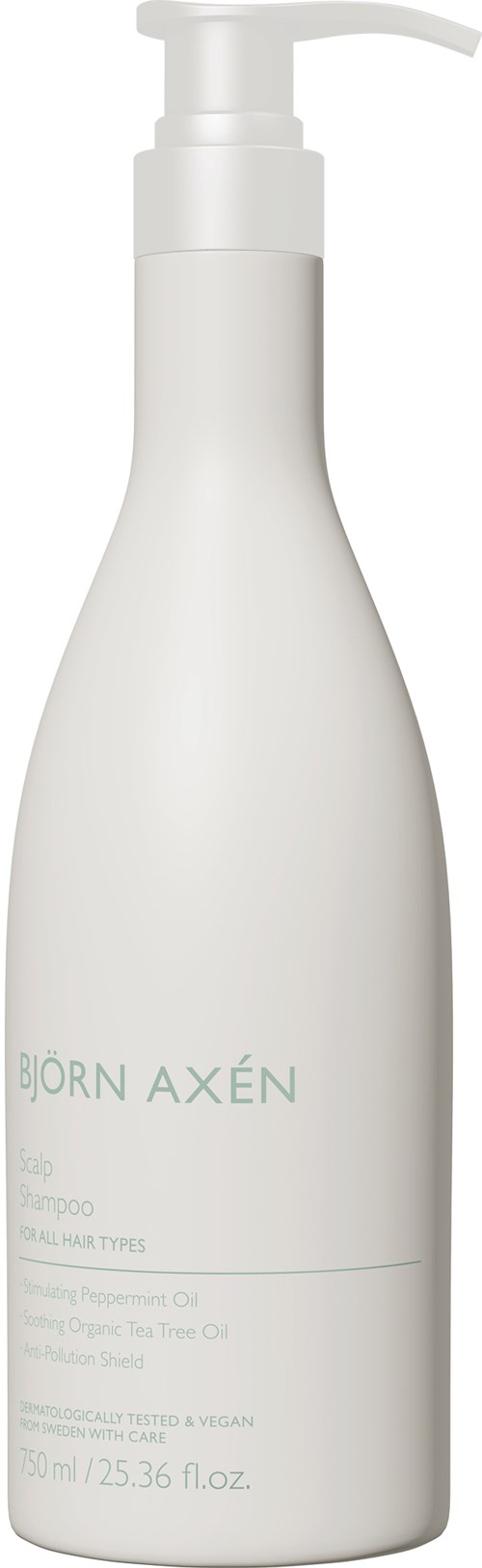 Een witte fles met een pomp, gelabeld Björn Axén shampoo voor normaal en droog haar, bevat 25,36 fl oz.