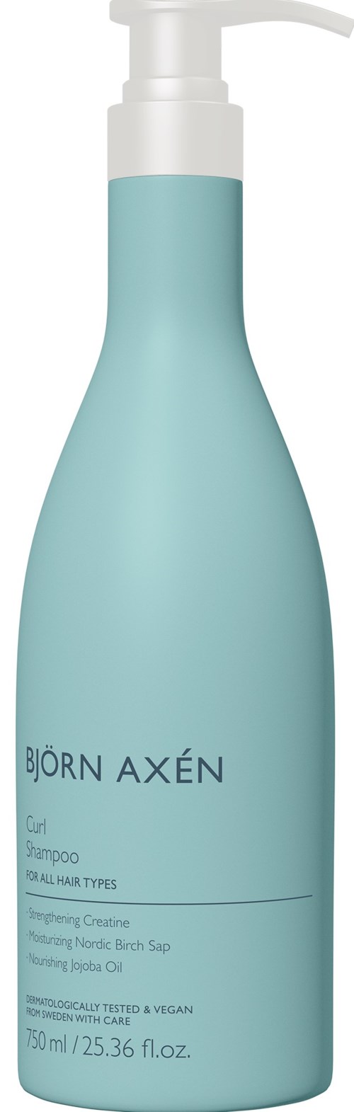Een lichtblauwe fles Björn Axén shampoo voor alle haartypes. Vermeldt versterkende en voedende ingrediënten.