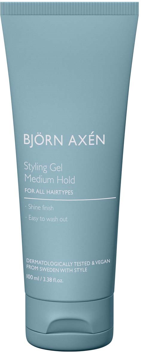 Blauwe tube haarstijlgel met witte tekst, labeled Björn Axén, medium hold, voor alle haartypes.