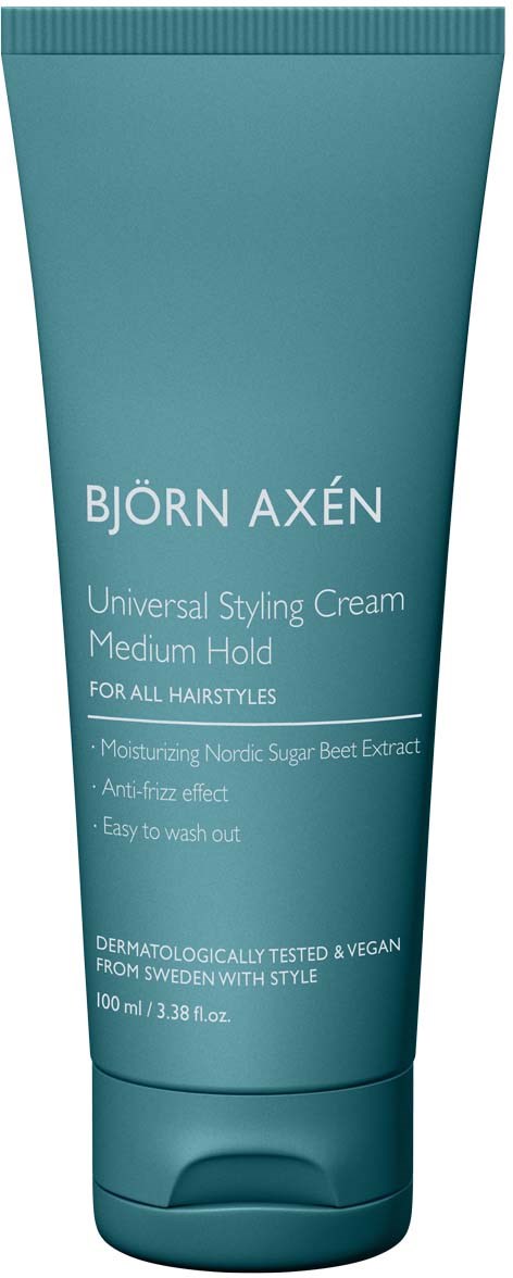 Ein türkisfarbener Tuben von Björn Axén, beschrieben als Universal Styling Cream, mittelhaftende, mit Text zu Eigenschaften und Bewertungen.