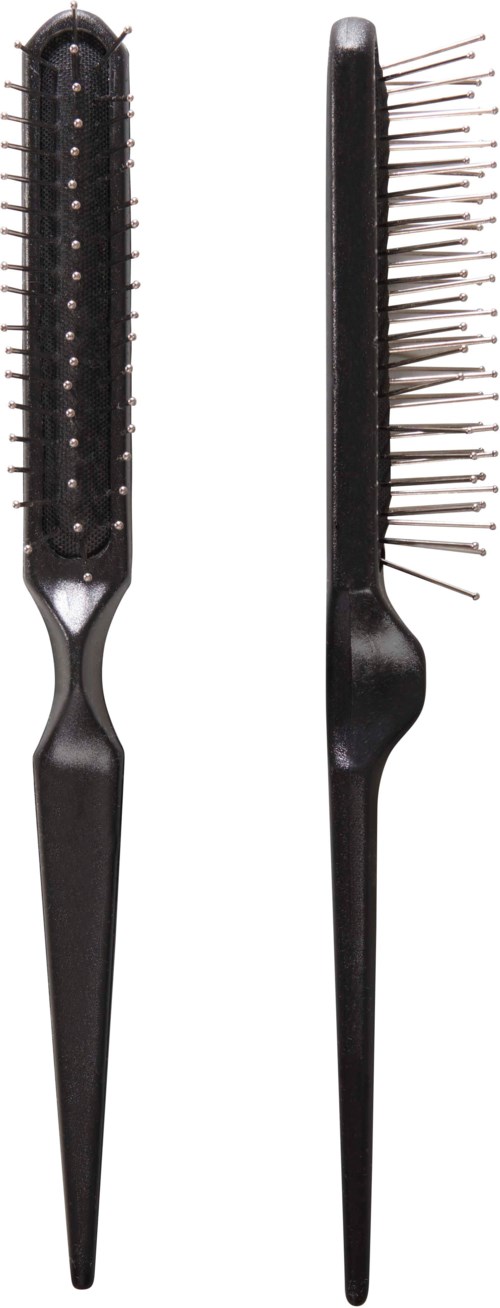Zwei schwarze Haarbürsten, eine mit breiten Zinken und eine mit dünnen, metallischen Zinken. Beide haben lange, spitze Griffe.