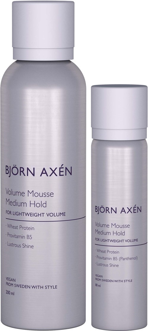 Twee zilverkleurige flessen van Björn Axén haarmousse, een groot en een klein, met paarse tekst en witte doppen.